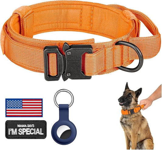 DAGANXI Tactical Dog Collar, Adjustable Military Training Nylon Dog Collar with Control Handle and Heavy Metal Buckle for Medium and Large Dogs, with Patches and Airtags Case (Orange, M)