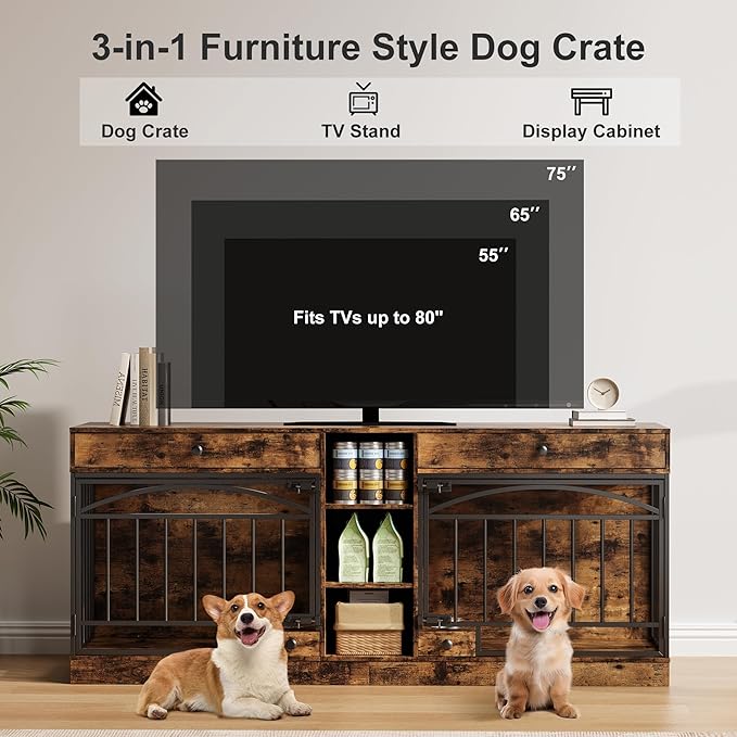 IDEALHOUSE 78.7" Double Dog Crate Furniture with Storage and 2 Doors, Dog Kennel Indoor with Feeding Bowls, Wood Dog Crate TV Stand for Small Medium Dogs, Brown