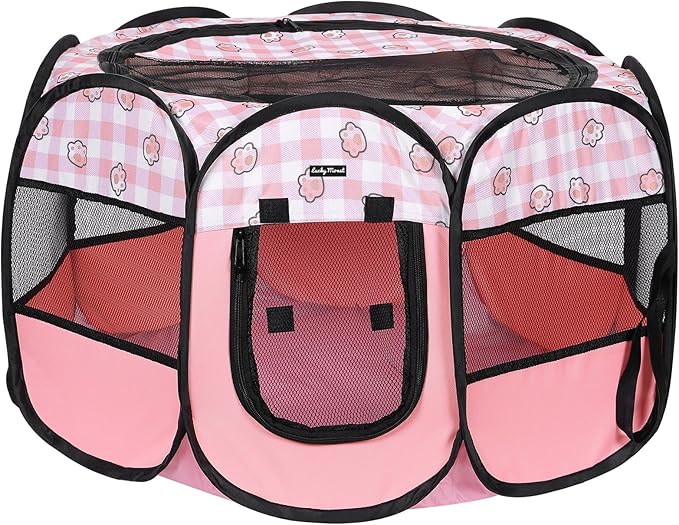 Lucky Monet Foldable Dog Playpen Cat Puppy Playpen Indoor Pop Up Pet Animal Playpen Outdoor Kennel Cage Pen Tent for Small Medium Dog Puppy Cat Kitten Rabbit - Medium, Pink