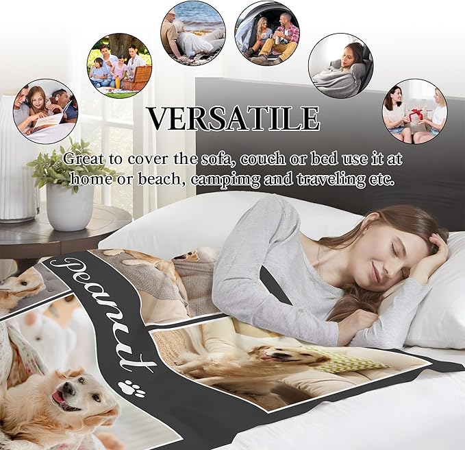 Ship Next Day, Personalized Pet Memorial Gifts, Custom Dog Blanket with Pictures Name, Customized Pet Memorial Photo Blanket, Loss of Pet Sympathy Gift, Dog Passing Away Bereavement Gifts
