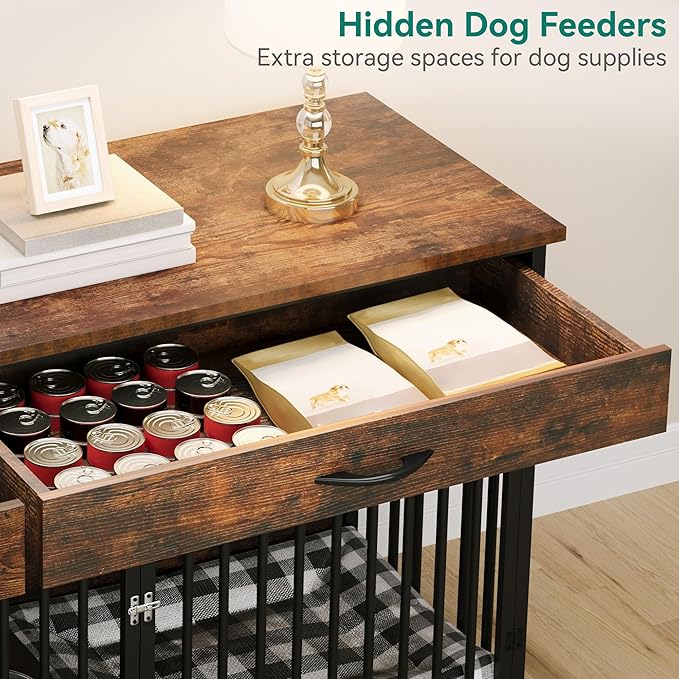 YITAHOME 74.8" Double Dog Crate Furniture with Dog Feeder, Heavy Duty Indoor Dog Kennel TV Stand with Drawers, Sturdy Dog Kennel with Divider for 2 Medium Large Dogs, Brown