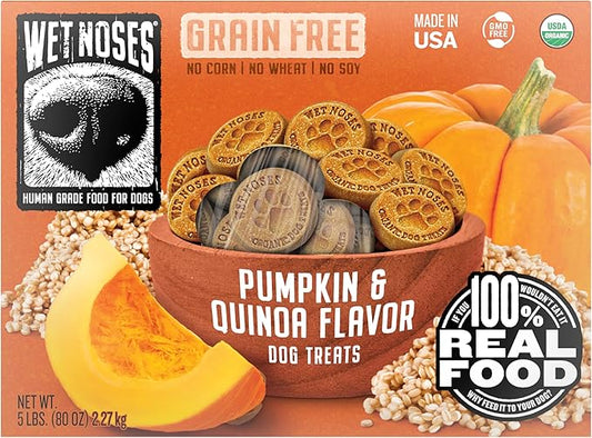 Wet Noses Organic Crunchy Dog Treats – All-Natural, Human-Grade, Non-GMO, Healthy Training & Delicious Snacks for Dogs, for All Dog Sizes & Breeds – Grain Free Pumpkin & Quinoa, 5lb (Single Pack)
