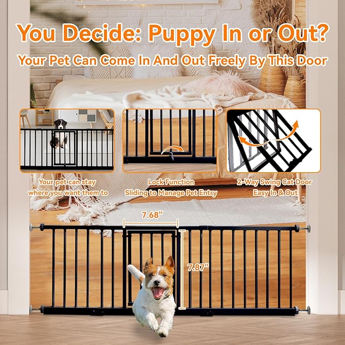 14" Height Short Dog Gate Adjustable18-48" Extra Wide Dog Gate with Small Cat Door,Pet Gate with 4 Extension Kits Pressure Mounted for Doorways & Stairs (Black, 14" Height)