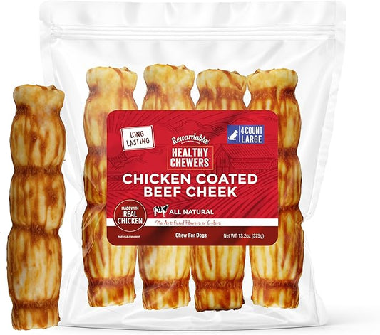 Chicken Coated Beef Cheek Rolls for Dogs - Large - 4 Pack