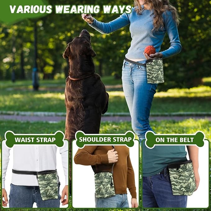 Camo Pet Treat Pouch Dog Treat Bag Pet Training Treat Bag Dog Treat Carrier Holder Pet Feed Snack Reward Bag with Waist Belt Shoulder Strap