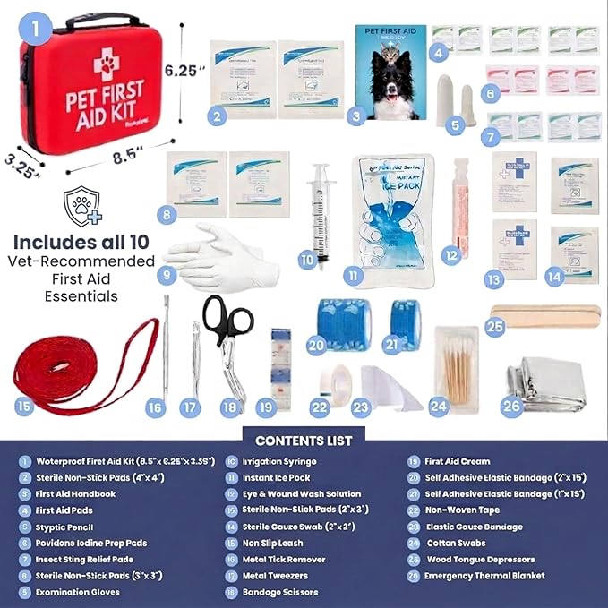 Dog First Aid Kit 2-Pack – Vet-Approved Pet First Aid Supplies for Dogs & Cats in Emergencies – Pet First Aid Guide, Tick Remover, Slip Leash & Medical Essentials for Home, Camping, Car, Travel