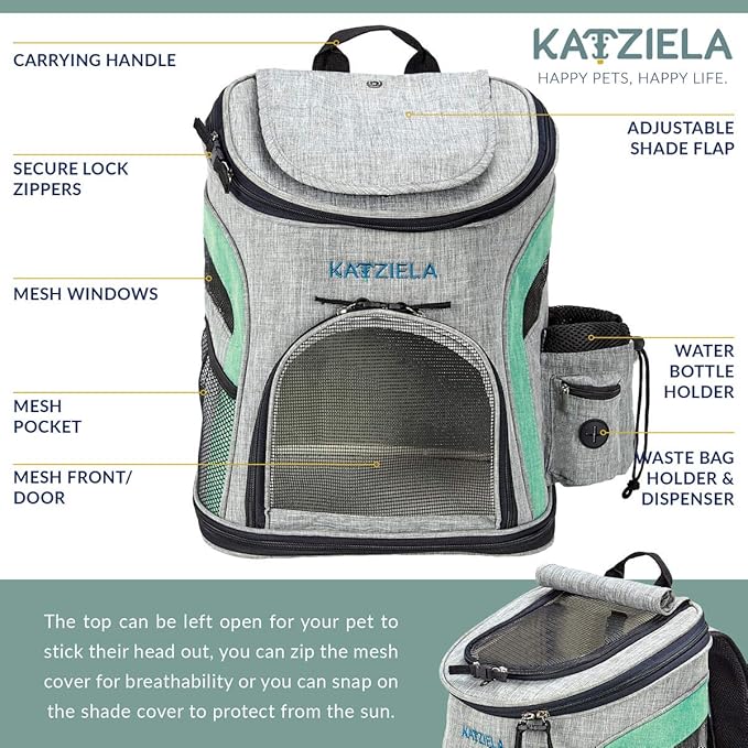 Katziela Pet Carrier Backpack - for Small Dogs and Cats - Water Bottle, Waste Bag and Storage Pouches, 3 Mesh Windows, Leash Hook - 3 Option Top: Open, Mesh or Shade - Bonus: 2 Poop Bag Rolls – Green