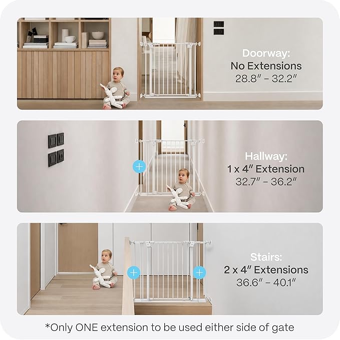 Perma Child Safety Safe Step Baby Gate for Stairs & Doorways, Rental Safe, 2-Minute Easy Install Pressure Mounted Gate, 28.8–40.1" Wide x 30" Tall, Auto Close, Stay Open, Ultra-Low Bar, White