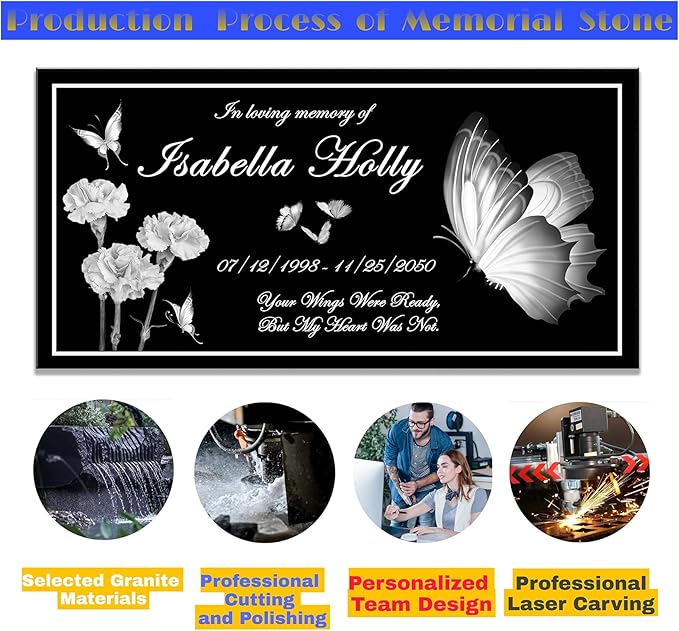 Personalized Memorial Stone, Butterfly Memorial Plaque, Headstone for Graves, Grave Markers for Cemetery for Humens, Tombstone Grave Outdoors, Black Granite Headstone, Grave Decorations for Cemetery