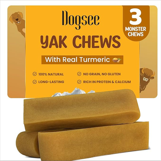 Dogsee Himalayan Yak Chews with Turmeric/Curcumin (Monster/XL- 3 Chews) | Yak Chews for Large Dogs | Dog Treats | Helps Joint Pain | Rawhide-Free | Long Lasting for Dogs Over 55 lbs