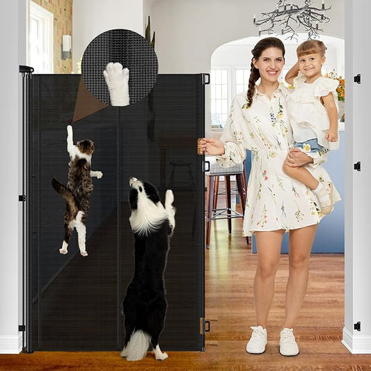 Reinforced 55" Extra Tall Pet Gate for Doorway - No Jumping Over, 55" Wide Retractable Baby Gates with Support Rods - No Crawling Under, Climb Proof Cat Gate for Stairs Tall Retractable Dog Gate/Black
