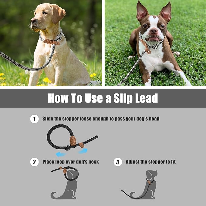 Mile High Life Slip Leads for Dogs | Heavy Duty Dog Training Leash | 5 Feet No Pull Slip Leashes w Leather Tip | Braided Rope Lead for Dogs Outside