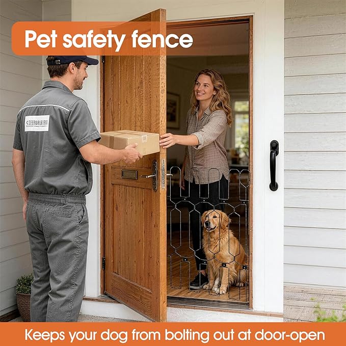 Metal Retractable Dog Gate for Front Door, Adjustable Pet Barrier for Doorways, Easy to Open Door Blocker for Dogs and Cats, Space Saving Design for Apartments RVs Indoor Outdoor