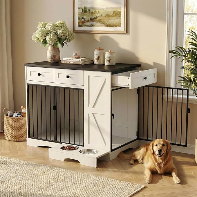 43.3" Dog Crate Furniture with Storage, Large Dog Kennel with 3 Drawers & 2 Feeding Bowls, Indoor Decorative Dog Cage for Large/Medium Dogs