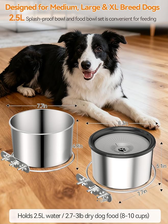 2PCS Spill Proof Dog Crate Water Bowl and Food Bowl Set, 2.5L Stainless Steel Dog Bowls for Cage, Kennel, Slow Drinking Dog Water Bowl for Large/Medium Pets, Hanging Pet Bowls