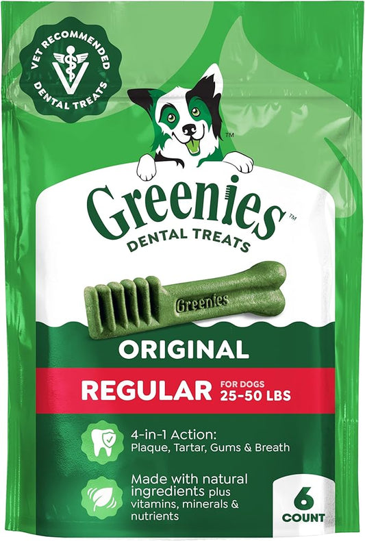Greenies Veterinarian-Recommended Adult Natural Dental Dog Treats Regular Size, Dog Dental Chews, Original Flavor, 6 oz. Pack, 6 Count