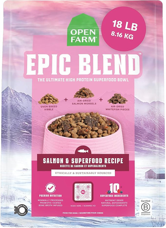 Open Farm, Epic Blend High Protein Dry Dog Food, Probiotic Coated & Bone Broth Infused Kibble with Air Dried Meat & Organs, Minimally Processed & Nutrient Dense, Salmon & Superfood Recipe, 18lb Bag