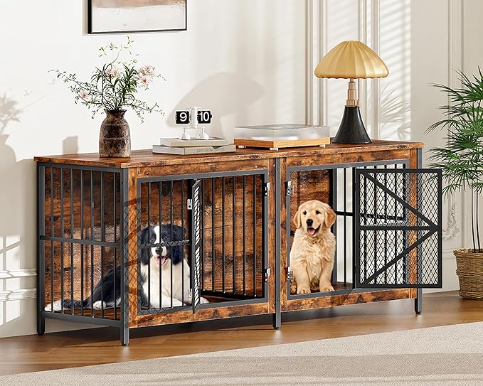 71 Inch Double Dog Crate Furniture for 2 Dogs, Wooden Dog Crate End Table for Medium/Large Dogs, Dog Kennel Furniture with Divider & Double Metal Doors, Rustic Brown and Black TGW02BF