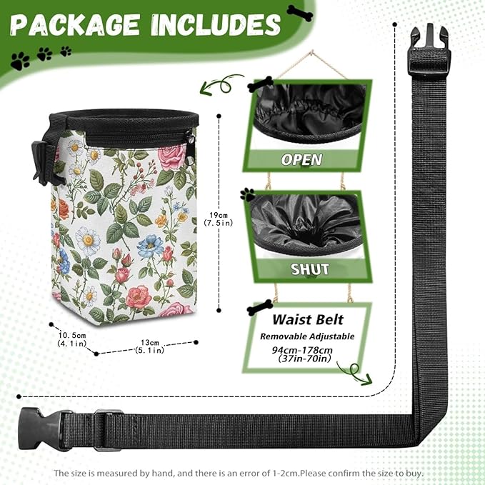 Flowers Animal Walking Snack Container Dog Treat Bag Pet Treat Pouch, Dog Trainer Essentials Supplies Treat Snack Bags for Training Doggie Puppy