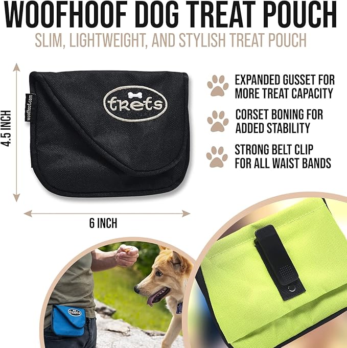 Woofhoof Dog Treat Pouch, Black Training Treat Pouch - Clip On Dog Treat Holder, Innovative No Spill Design, Magnetic Flap, Expandable Gusset, Made of Durable Nylon, Machine Washable