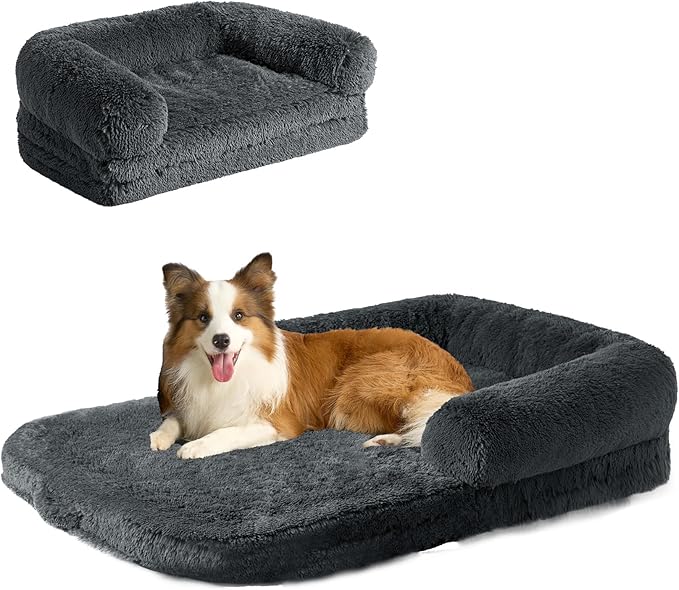 EHEYCIGA Foldable XL Dog Bed, 46"x34"x6.5" Faux Fur Fluffy Pet Couch Bed for Large Dogs, Orthopedic Calming Memory Foam Big Pet Bed, Washable Soft Pet Sofa Bed with Non-Slip Bottom, Dark Grey