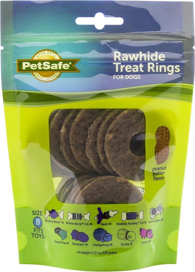 PetSafe Busy Buddy Natural Rawhide Rings - Long-Lasting Dog Chew Refills - Engaging Dog Treat for Training & Playtime - Fresh Rawhide Chew Rings for Interactive Toys - Peanut Butter Flavor - Size B