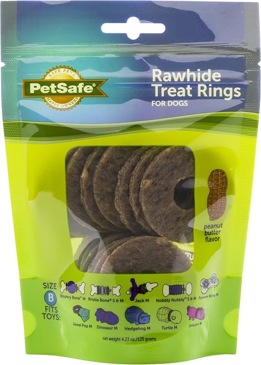 PetSafe Busy Buddy Natural Rawhide Rings - Long-Lasting Dog Chew Refills - Engaging Dog Treat for Training & Playtime - Fresh Rawhide Chew Rings for Interactive Toys - Peanut Butter Flavor - Size B
