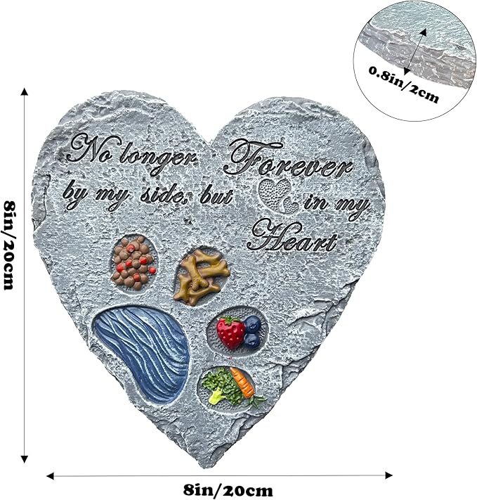 Heart Shaped Dog Memorial Garden Stone with Paw Print & Treats & Food - Sympathy Gift for Loss of Pet Outdoor Grave Marker Remembrance Dog Passing Away