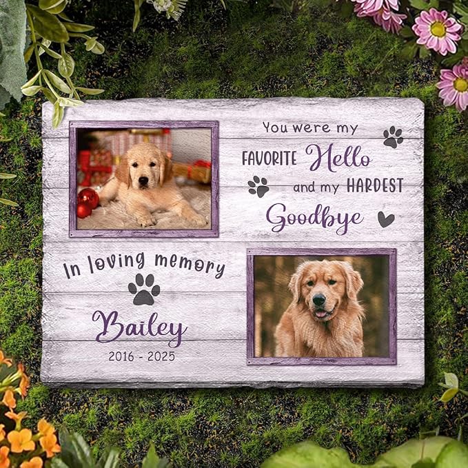 Dog Memorial Stone - Personalized Background Variable Stones for Loss of Dogs - Favorite Hello & Hardest Goodbye - Sympathy Gift, Bereavement Garden Décor for Pet Lovers