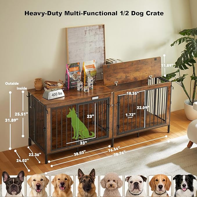 Extra Large 78" XXL Dog Crate Furniture with Removable Divider, 400LB Capacity Heavy Duty Kennel for 1-2 Dogs, Wooden Pet Cage with Flip-Top, Entertainment Center, Dog House TV Stand