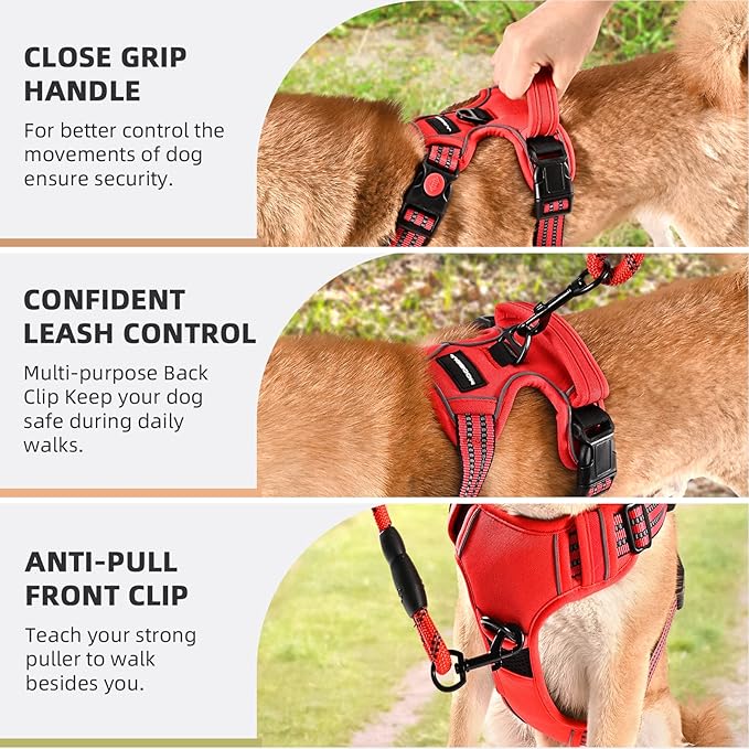 No Pull Dog Harness with A Free Heavy Duty 5ft Dog Leash, Adjustable Soft Padded Dog Vest, Reflective No-Choke Pet Oxford Vest with Easy Control Handle for Small and Large Dogs(Red, X-Large)