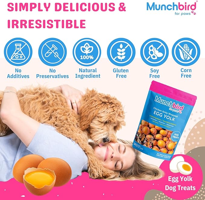 Munchbird Dehydrated Chicken Jerky Wrapped Egg Yolk Dog Treats, high-Protein Dog Food Topper with no fillers. Natural Alternative to Freeze-Dried Quail Egg Yolk. Healthy Dog Treats, 7 oz, 20–30 pcs.