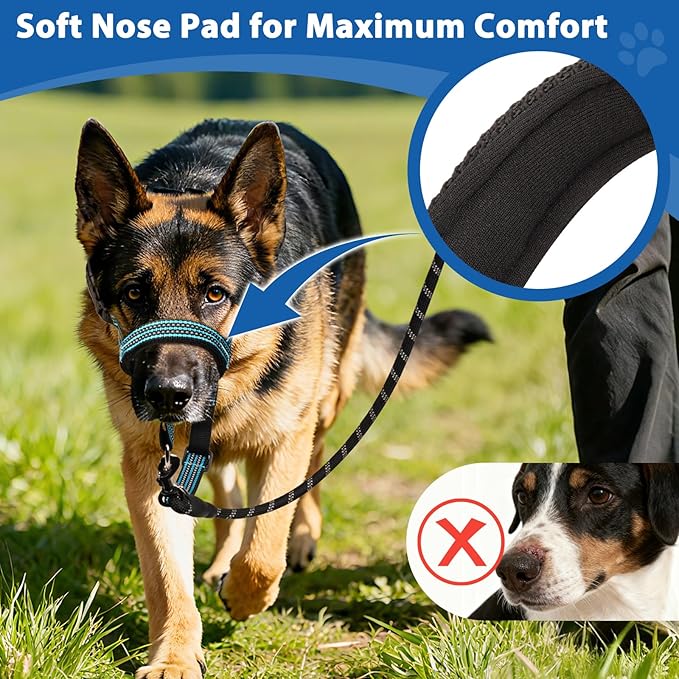 BARKLESS No Pull Dog Head Collar for Gentle Training Walking, Soft Padded Head Halter with Collar Safety Clip, Comfortable Fit Muzzle Leash with Reflective Strap for Medium Large Dog (Blue, XL)