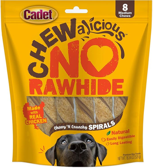 Cadet Chewalicious Chewy 'N Crunchy Spiral Dog Treats, Limited Ingredient, Rawhide-Free, Long-Lasting Chews for Dogs Made with Real Chicken, 8 Count, Pack of 1