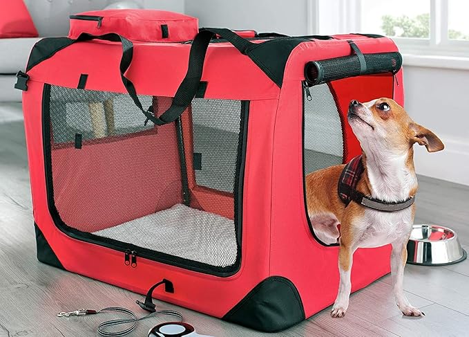 MOOL Lightweight Fabric Pet Carrier Crate with Fleece Mat and Food Bag, Red