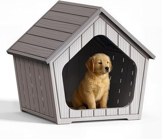 DRATO Dog House Outdoor Indoor Cozy Small Dog Houses Durable Resin Material Houses for Dogs Outside Weatherproof Pet Shelter for Patio, Porch, Living Room (Gray)