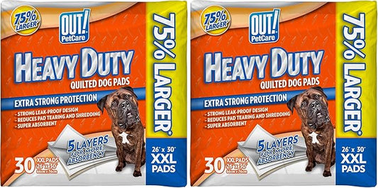 OUT! Petcare Puppy Pads XXL, Heavy Duty, Leak Proof Pee Pads for Dogs, Potty Training & Housebreaking, Puppy Essentials (26"x30", 30 Count) (Pack of 2)
