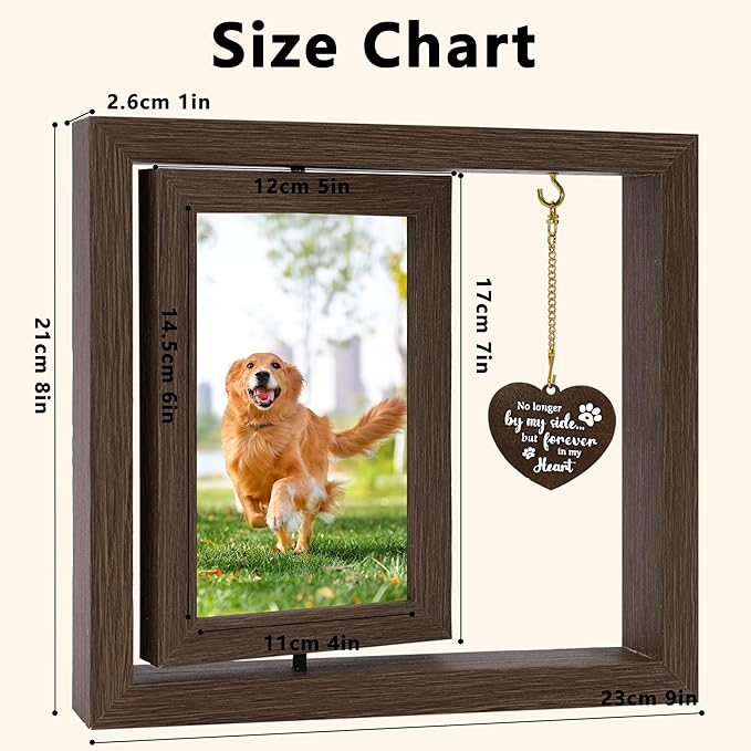 Pet Memorial Gifts for Loss of Dogs, Rotating Wooden Picture Frame for 4x6 Photo, Dog Memorial Sympathy Gifts for Dogs Cats, DIY Pet Loss Frame for Owners, Dog Funeral Remembrance Gift, Brown