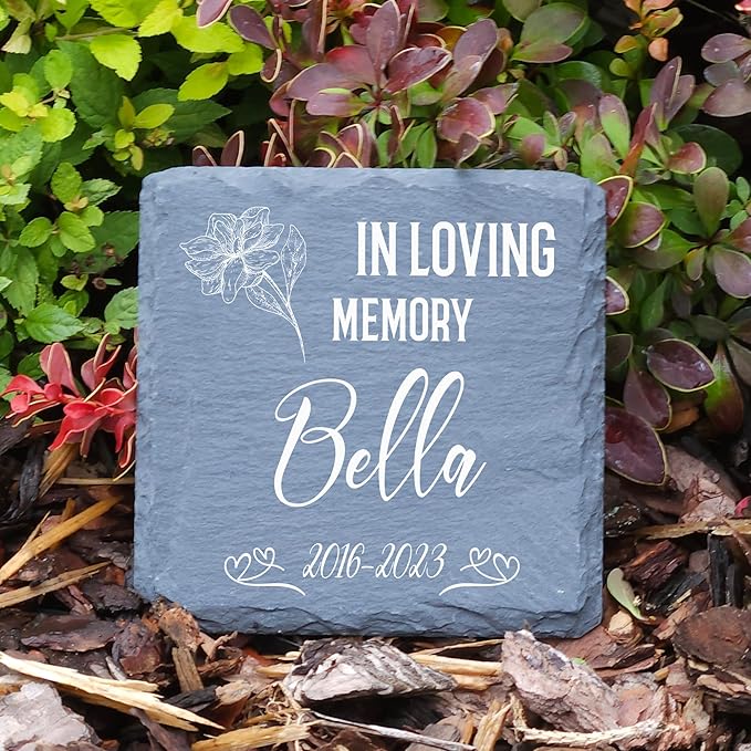 Personalized Individual Square Memorial Plaque + Stand for Pet Cat Dog Slate Stone Frame Paw Grave Marker - Size 3.94" x 3.94" or 100 x 100 mm - in Loving Memory