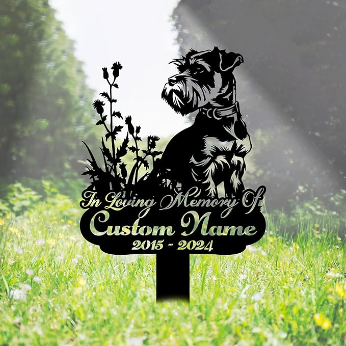 Custom Miniature Schnauzer Memorial Grave Marker Metal Sign, Personalized Dog Memorial Garden Stake, Dog Burial Markers with Name Engraved, Pet Headstones for Dogs, Cemetery Decoration