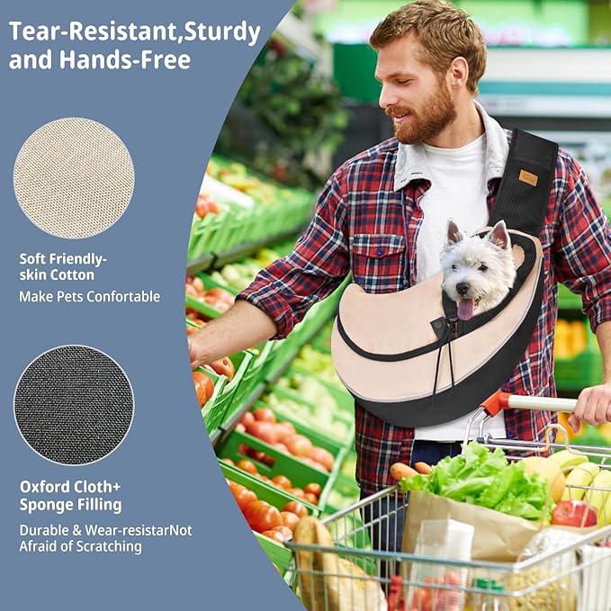 Cuby Pet Sling Carrier for Small Dogs Cats,Drawstring & Zipper Security Hook Triple Design for Pets' Securty Dog Bag,Breathable Travel Puppy Sling Carrier with Adjustable Strap(Beige,L(9.5-13.5 lbs))
