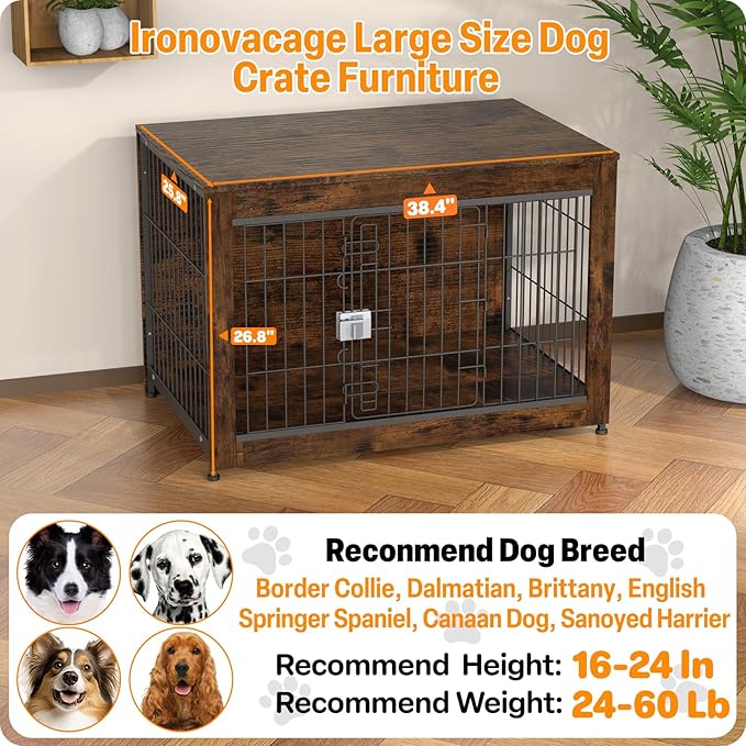 Furniture Style Dog Crate, 38" Wooden Dog Kennel End Table with Solid Top, Indoor Pet Crate House with Secure Slide Lock, Modern Dog Cage Furniture for Small & Medium Dogs, Aged Black