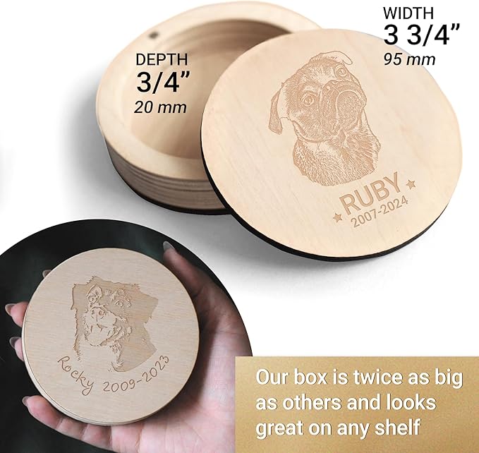 Personalized Pet Hair Keepsake Box for Dog and Cat Fur - Engraved Wood Memorial Box - Unique Customized Gift for Loss of Furry Friend Wooden (Light Round Wood/Acrylic Lid, With Photo)