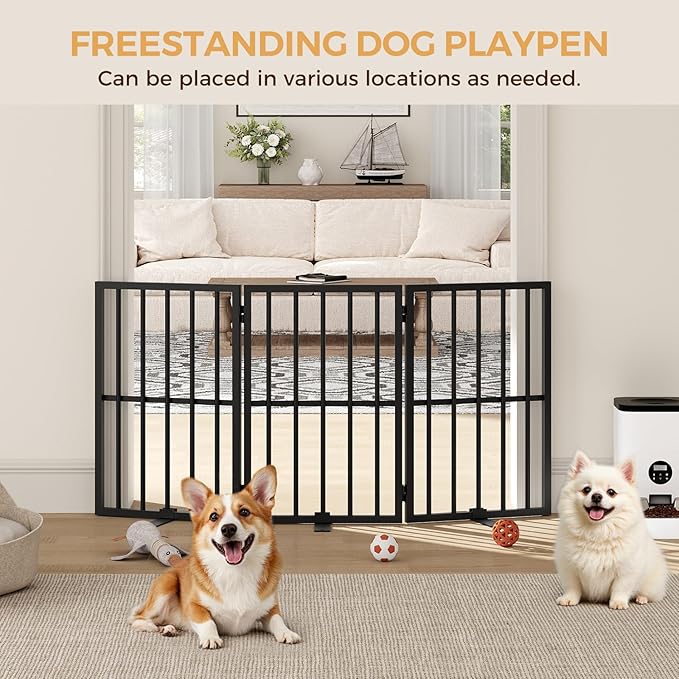 Dog Gate Indoor, Freestanding Foldable Pet Gate for The House, Doorway, Stairs, 48.2" W x 23.6" H Metal Step Over Fence with Support Feet, 3-Panel Pet Puppy Safety Fence, Black DGBK6001