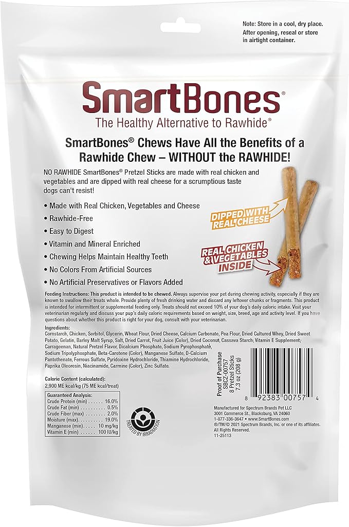 SmartBones Pretzel Sticks Dipped With Real Cheese, 8 Count, Rawhide-Free Chews For Dogs, (Pack of 6), Count: 48
