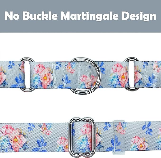 Martingale Dog Collar, Adjustable Soft No Pull Training Collar with No Buckle, Floral Pattern No Slip Martingale Collars for Medium Dogs (1" Width M)