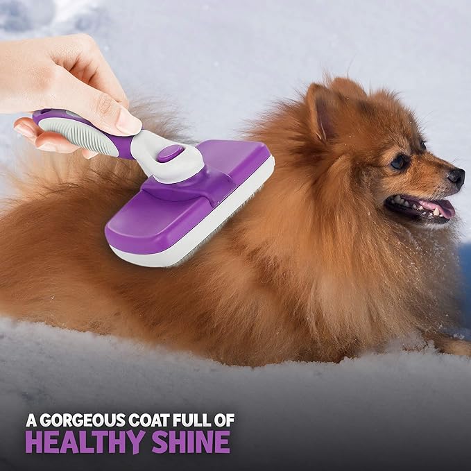 POODLIE Dog Grooming Brush, Self Cleaning Slicker Brush for Dogs and Cats - Removes Tangles, Loose Hair - Poodles, Pomeranians, Yorkies, Soft Pins - Purple