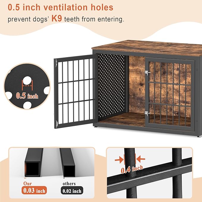 48" Rustic Heavy Duty Dog Crate Furniture for Extra Large Dogs, Metal Kennel for High Anxiety Dogs, Wooden Cage Furniture Indoor, Decorative Dog Kennel End Table, XL