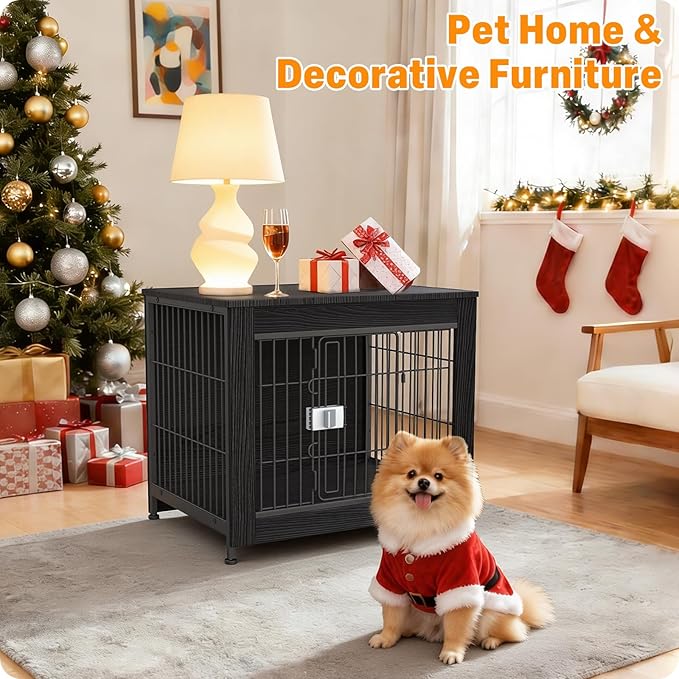 Furniture Style Dog Crate, 27" Wooden Dog Kennel End Table with Solid Top, Indoor Pet Crate House with Secure Slide Lock, Modern Dog Cage Furniture for Small & Medium Dogs, Black