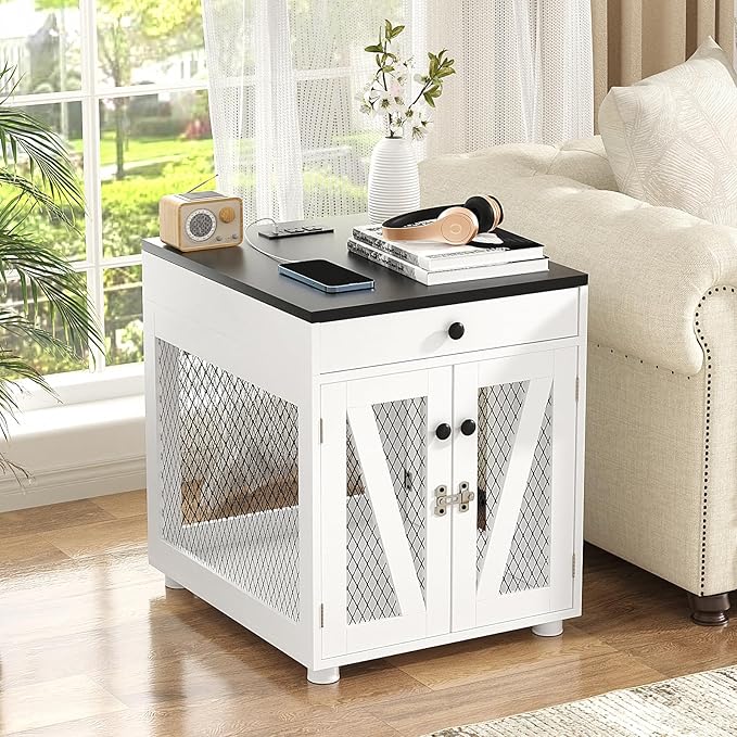 VOWNER Dog Crate Furniture, Wooden Dog Kennel End Table with USB Charging Station, Storage Drawer, Double Latched Door, Furniture-Style Crate Side Table for Small Dogs Under 25 lbs Indoor Use, White